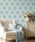 Vintage Blue Floral Damask Peel And Stick Wallpaper For Kitchen Cabinets Rad Self Adhesive Contact Paper Rolls on living room wall with armchair.