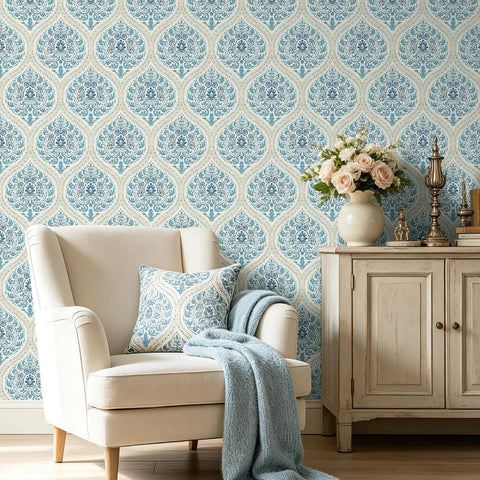 Vintage Blue Floral Damask Peel And Stick Wallpaper For Kitchen Cabinets Rad Self Adhesive Contact Paper Rolls on living room wall with armchair.