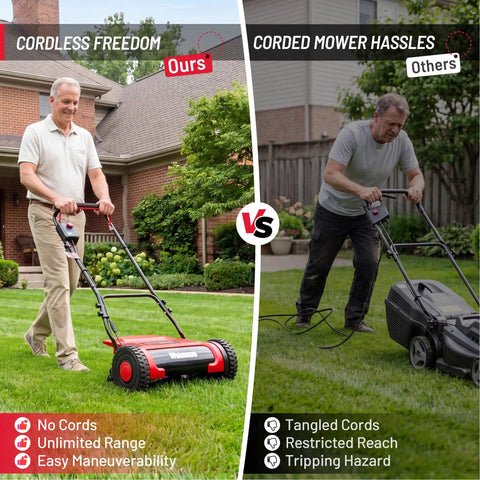 Cordless Electric Reel Lawn Mower With Two 36Wh Batteries And Dual Power 16 Inch Push Mower For Small To Medium Yards Gardens And Golf Greens No Gas Needed Easy Start Quiet Operation, man mowing lawn