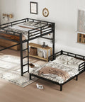 Full-over-full black metal bunk bed with ladder; separable into loft bed and separate full bed.