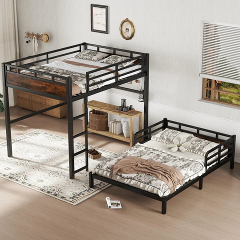 Full-over-full black metal bunk bed with ladder; separable into loft bed and separate full bed.