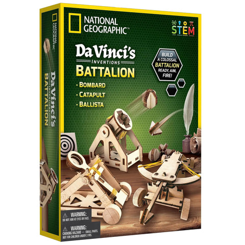 Box of Da Vinci Catapult Kit For Kids With Ballista And Bombard, displays 3D wood catapult and projectile toys.