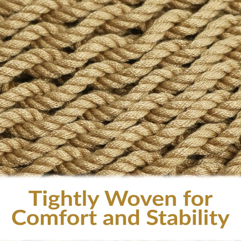Close-up of tan woven polyester rope on Outdoor Hammock Chair Swing For Reading And Lounging On The Patio Or Indoors 300 lb Capacity Caribbean XL.