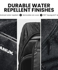 Close-up of black 35L Camera Backpack For Photographers With Rain Cover And Water Repellent Protection showing zippers and fabric texture.