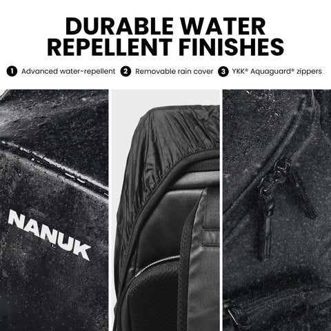 Close-up of black 35L Camera Backpack For Photographers With Rain Cover And Water Repellent Protection showing zippers and fabric texture.