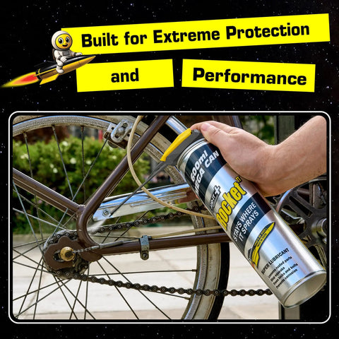 Applying All-In-One Multi-Purpose Lubricant Spray For Rusted Bolts, Tools, Bikes And Garden Gear on bike chain close-up.
