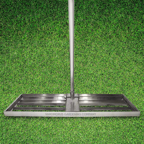Stainless Steel 30 Inch Lawn Level Rake Pro Grade Yard Tool for Even Grass and Smooth Soil Leveling, with 72-inch handle.
