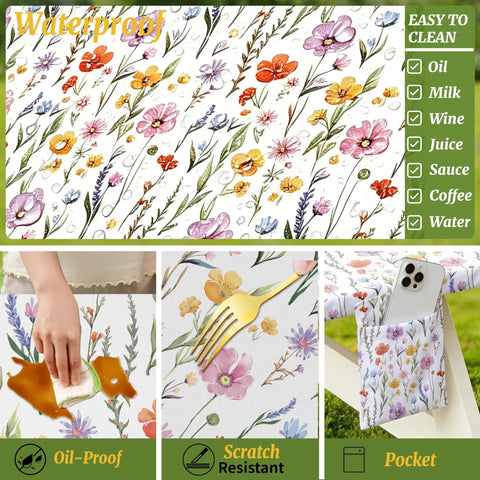 Picnic Table Cover With Bench Covers For 6 Foot Rectangular Tables Elastic Fitted Waterproof Washable Outdoor Tablecloth Floral Watercolor Wildflower Print No Fuss Cleanup For Garden Patio Camping.