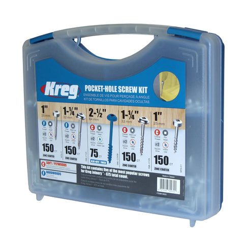 Pocket Hole Screw Kit For Woodworking With 675 Pieces For Do It Yourself Projects case showing screw sizes and types