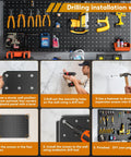 Installation steps for Heavy Duty Metal Peg Board Kit with tools arranged on wall-mounted black panels.