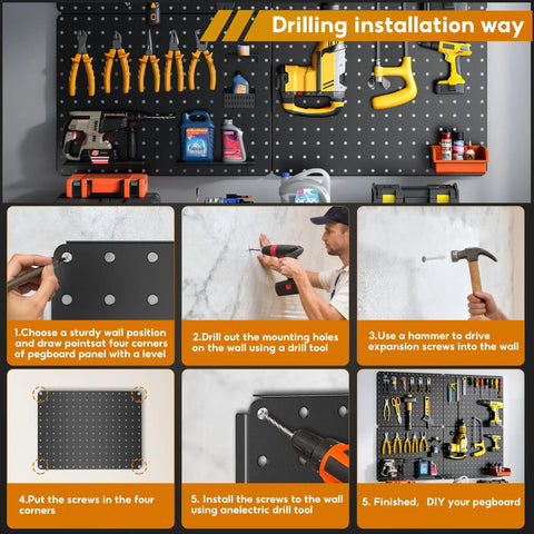 Installation steps for Heavy Duty Metal Peg Board Kit with tools arranged on wall-mounted black panels.