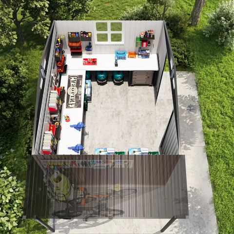 Interior view of 8x12 Ft Outdoor Metal Shed Built Tough For Everyday Yard Gear With Open Firewood Bay And Lockable Doors, Galvanized Steel.