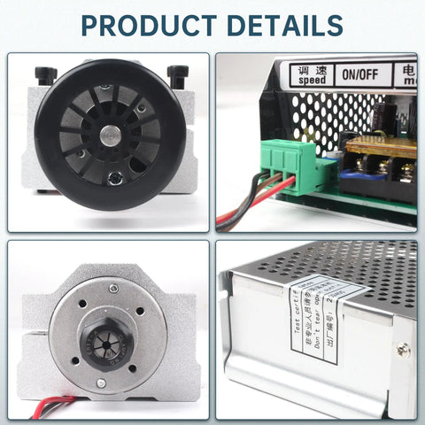 Close-up of Beefy 500W CNC Air Cooled Spindle Motor With ER11 Chuck 12000 RPM, AC 110 220V controller, and power supply details