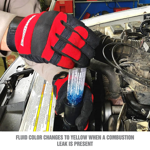 Mechanic using Combustion Leak Detector For Engine Block Leaks And Blown Head Gasket Tests Plastic And Rubber Test Kit.
