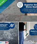 Top Shelf Natural Stone Sealer One Gallon Clear Finish Heavy Hitter Formula shown sealing pavers and grout with easy application.