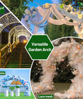 Versatile garden arch with tulle drapes, string lights, balloons, and lace mesh for weddings and events