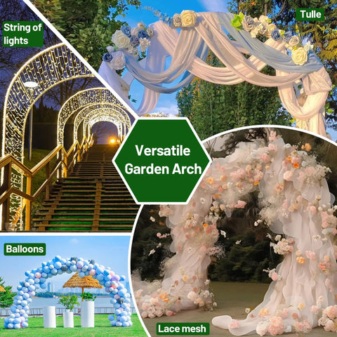 Versatile garden arch with tulle drapes, string lights, balloons, and lace mesh for weddings and events