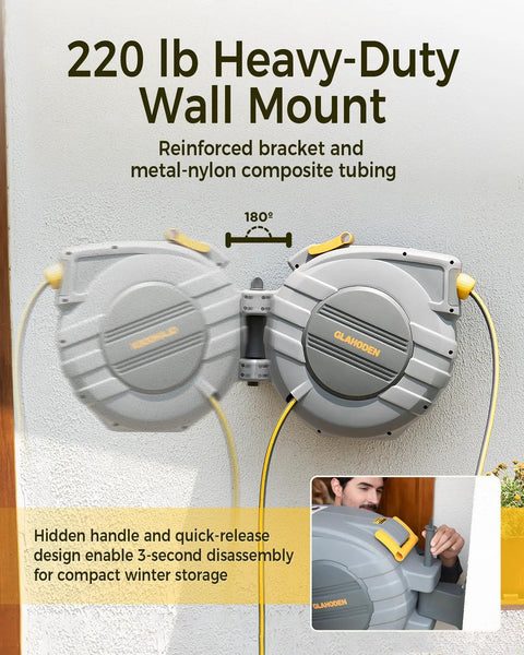 Retractable Garden Hose Reel Five Eighths Inch By 65 Feet With UV Freeze Protection brass seal, slow retraction shown on wall mount