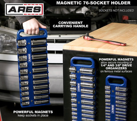 Blue Magnetic Socket Organizer Set for 1/4 Inch, 3/8 Inch, and 1/2 Inch Drives, Holds 76 Sockets displayed near toolbox and car engine