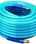 Heavy Duty Three Eighths Inch By One Hundred Foot Blue Polyurethane Air Hose With Braided Nylon Reinforcement coiled with connectors