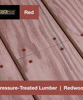 Close-up of Deck Plus red screws on pressure-treated redwood, 3 Inch Epoxy Coated Exterior Wood And Fence Screws Size 10 By 3 Torx.