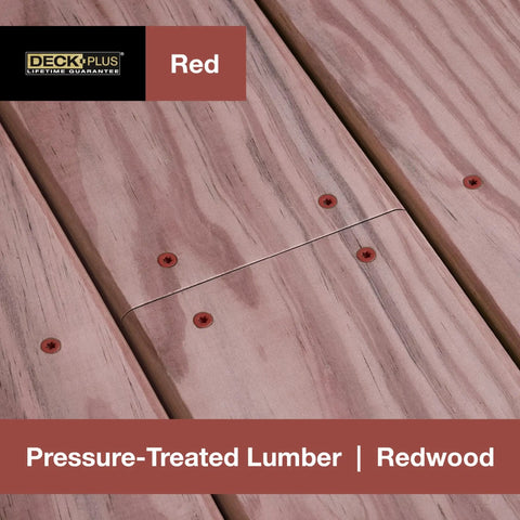 Close-up of Deck Plus red screws on pressure-treated redwood, 3 Inch Epoxy Coated Exterior Wood And Fence Screws Size 10 By 3 Torx.