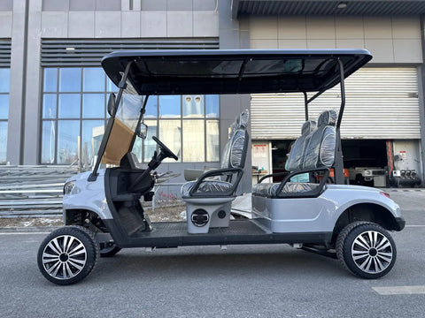 Heavy Duty Four Seater Electric Golf Cart With Premium Luxury Seats And Badass Off Road Tires showing side view with HD LED display.