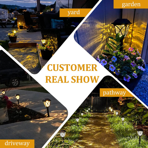 Customer showcase of Six Pack Solar Outdoor Lights Waterproof LED Garden Decor illuminating yard, garden, driveway, and pathway.