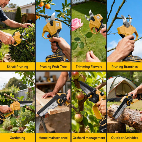 Beefed Up Four In One Pole Saw And Electric Pruning Shears Kit With A Six Inch Mini Chainsaw For Tree Trimming in various uses