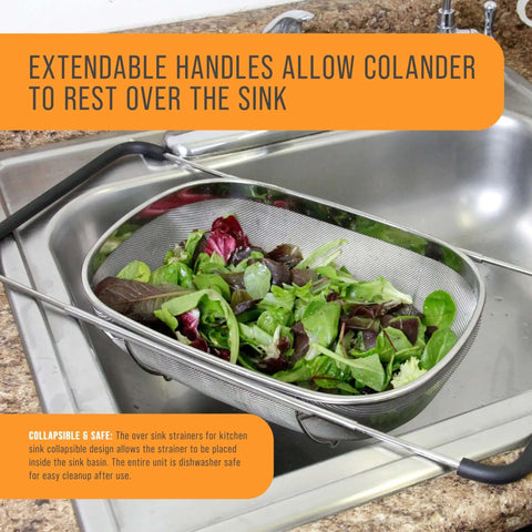 6-Quart Over The Sink Stainless Steel Colander With Expandable Rubber Handles filled with fresh salad, resting above kitchen sink.