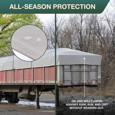 Truck bed covered with Waterproof Waxed Canvas Tarp Cover Heavy Duty Duck Cloth With Rustproof Brass Grommets; close-up of water beads