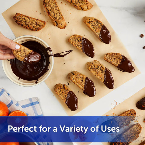 Dipped biscotti on No Sweat Baking Unbleached Parchment Paper 45 Square Feet Roll Oven Safe Cookie Sheets Quick Cleanup Top Grade Kitchen Staple.