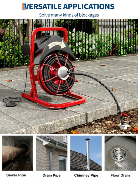 Electric Drain Cleaner Machine Built Tough Heavy Steel Core Sewer Snake Auger with cable ready for sewer pipe, drain pipe, chimney, and floor drain.