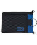 Surfshorts Wallet With RFID Blocking Clear ID Window Zippered Pocket And Key Ring Water Resistant Slim Card Holder For Everyday Carry Ultra Lightweight And Slick Compact In Black Blue, front view.