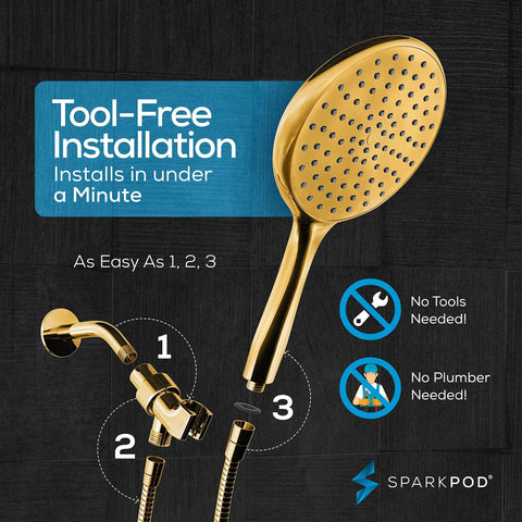 High Pressure Handheld Shower Head With Hose, 6 Inch Rainfall Spray, Adjustable Bracket, Egyptian Gold Finish installation