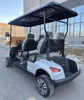 Heavy Duty Four Seater Electric Golf Cart With Premium Luxury Seats And Badass Off Road Tires Straight Fire Backyard Cruiser with LED display, rear view.