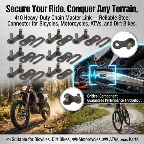 Heavy Duty 10 Pack 410 Chain Master Links For Motorcycle Atv Dirt Bike Built Tough With Precision Steel Clips And Rivets close-up of links