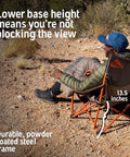 Man sitting in Two Person Camping Chair With Removable Blankets Low To The Ground Loveseat Nest in desert