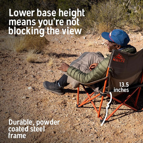 Man sitting in Two Person Camping Chair With Removable Blankets Low To The Ground Loveseat Nest in desert