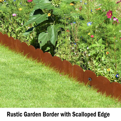 Cor Ten Steel Landscape Edging Kit 20 Ft with Rustic Scalloped Metal Border for garden beds and lawn edges