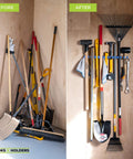 Before and after using 9 Slot Wall Mounted Garden Tool Rack With 6 Hooks In Blue Steel, Space Saving Tool Organizer For Shed or Garage