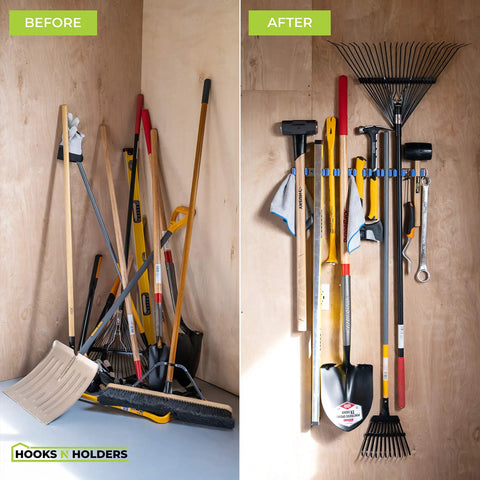 Before and after using 9 Slot Wall Mounted Garden Tool Rack With 6 Hooks In Blue Steel, Space Saving Tool Organizer For Shed or Garage