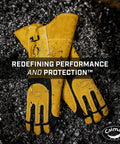Pair of Split Deerskin Welding Gloves For MIG And Stick, 21 Inch Length With Fleece And Foam Insulation, on metal shavings