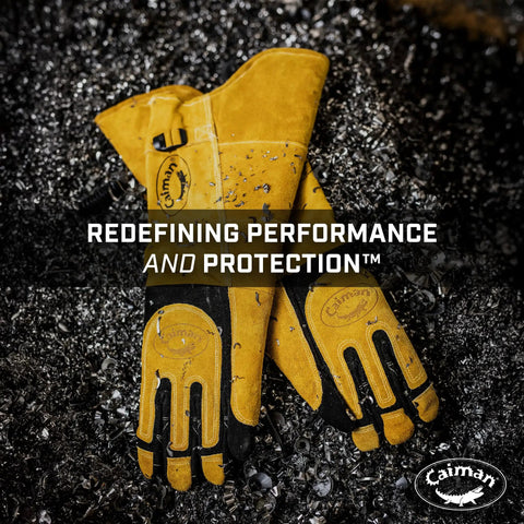 Pair of Split Deerskin Welding Gloves For MIG And Stick, 21 Inch Length With Fleece And Foam Insulation, on metal shavings