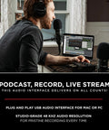 Man using All In One Dual Channel USB Audio Interface For Recording Streaming And Podcasting With Dual XLR Inputs Line And DI Inputs