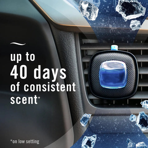 Top Tier Car Air Freshener Vent Clip With Platinum Ice Scent Keeping Your Cabin Clean With A Fresh Ride Vibe That Wipes Out Road Funk And Stubborn Odors Fast Long Lasting Auto Scent Pack Of Four shown in car vent with blue fragrance.