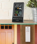 Digital Multi Color Wireless Weather Forecast Station With Indoor Outdoor Sensor Real Time Temperature Humidity Readouts Color Display Forecast Icons And Alerts For Weather Nerds And Easy Home Weather Monitoring on a shelf with outdoor sensor installed