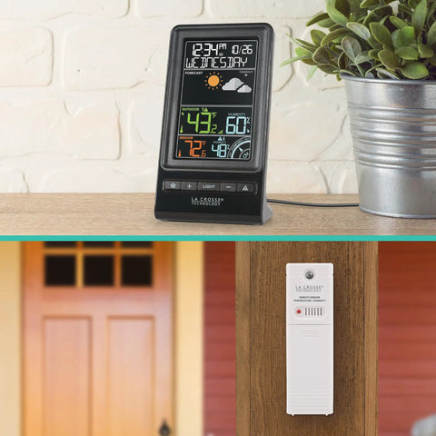 Digital Multi Color Wireless Weather Forecast Station With Indoor Outdoor Sensor Real Time Temperature Humidity Readouts Color Display Forecast Icons And Alerts For Weather Nerds And Easy Home Weather Monitoring on a shelf with outdoor sensor installed
