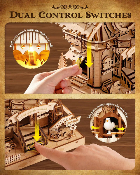 3D Wooden Cuckoo Clock Puzzle Kit For Adults And Teens 435 Piece Model, dual control switches and pull cord