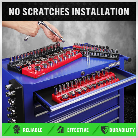 Six Piece Magnetic Socket Organizer Set For Metric And SAE Drives, Holds 143 Sockets In Red And Black Magnetic Trays